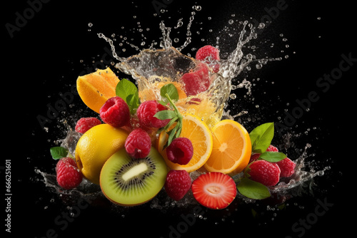 Fruit splashing into a glass of juice on a black background