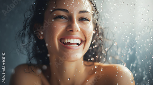 Portrait of beautiful Model Woman with splashes and drops of water. Beautiful Smiling girl under splash of water with fresh skin over nature background. Skin care  Cleansing and moisturizing concept.