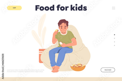 Food for kids landing page design template with happy boy child eating sweet dessert at home