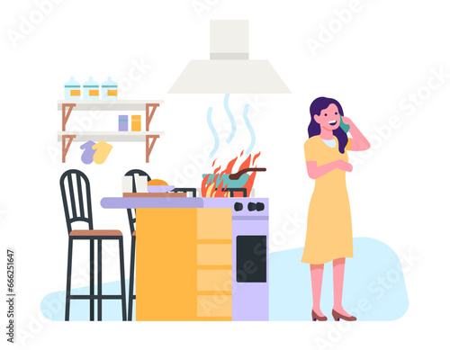 Woman on phone in kitchen and doesnt notice fire ignition. Careless housewife. Saucepan with burning flame on stove. Home accident. Blazing dinner. Household trouble. Vector concept