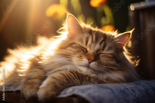 Siberian cat sleeping on the bed in the rays of the setting sun