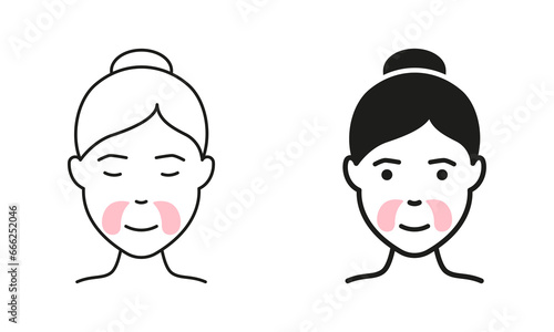 Face Anti Aging Procedure, Cosmetic Collagen Patches Against Wrinkles Symbol Collection. Patches for Beauty Skin. Girl Use Gel Patch Line and Silhouette Icon Set. Isolated Vector Illustration