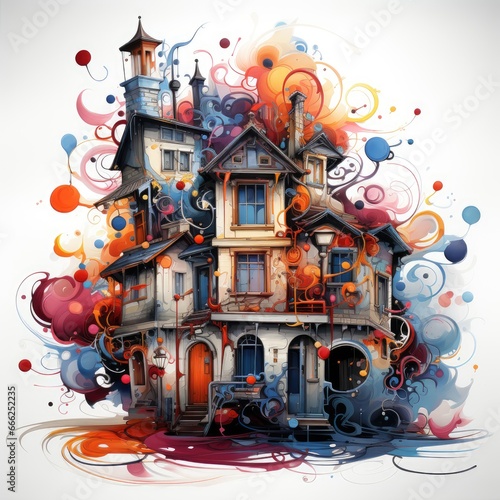 house building castle villa playful illustration sketch collage expressive artwork clipart painting © Wiktoria