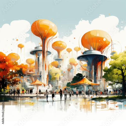 landscape futuristic cityscape playful illustration sketch collage expressive artwork clipart