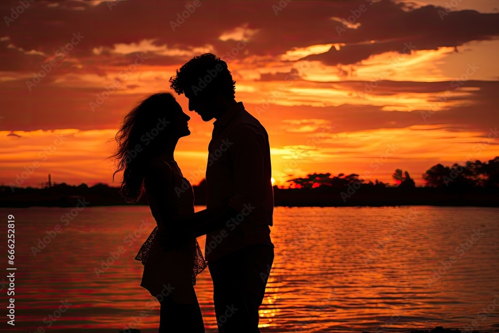 Sunset photo of silhouettes of a couple in love