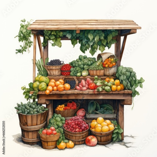 basket stand detailed watercolor painting fruit vegetable clipart botanical realistic illustration