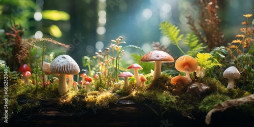 Resplendent with Multiple Different Mushrooms and Plants Atop a Mossy Forest Floor  Evoking the Allure of a Fairytale World Teeming with Magical Diversity and Mystical Fungi