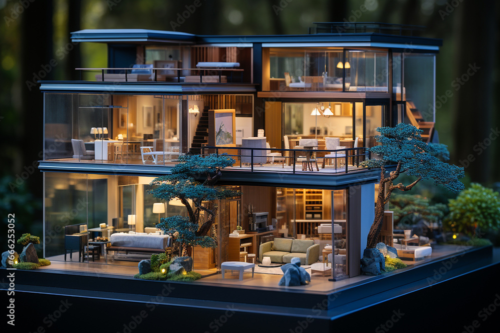 Modern private house model on a table. Concept of architecture and design, real estate, construction. Selling or buying a house. Future apartment building scale model on the desk in architect office