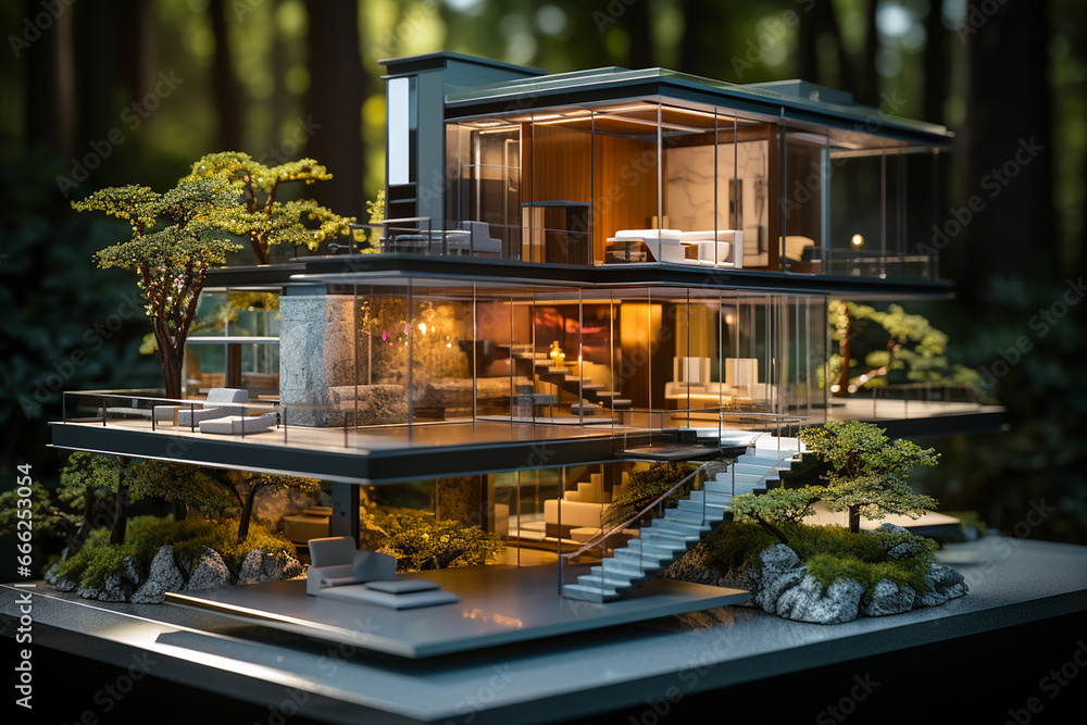 Modern private house model on a table. Concept of architecture and design, real estate, construction. Selling or buying a house. Future apartment building scale model on the desk in architect office