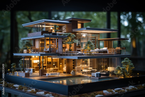 Modern private house model on a table. Concept of architecture and design, real estate, construction. Selling or buying a house. Future apartment building scale model on the desk in architect office