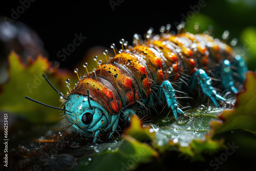 A colorful caterpillar munching on a leaf, preparing for its transformation into a butterfly. Generative Ai. © Sebastian