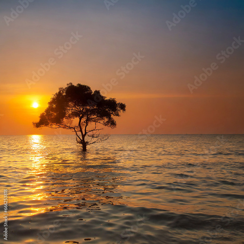Water and tree sunset in sea