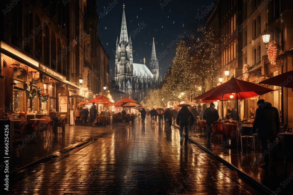 The famous German Cologne Cathedral Christmas Market with Illumination, Christmas Tree and Cathedral in the background.