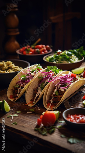 Mexican tacos with meat, vegetables and salsa on dark background.