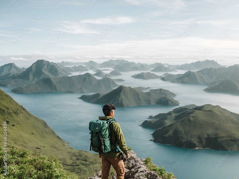 Backpack traveler man on the mountain looking at different green islands
