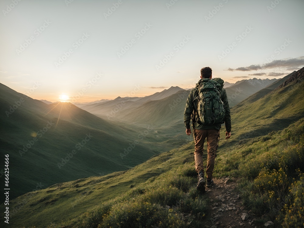 Man hiking in mountains at sunset
