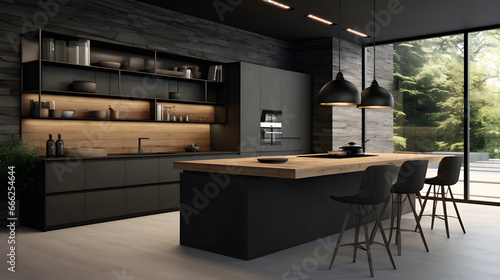 Modern and elegant kitchen, with black cupboards and wooden tabletop © petrrgoskov