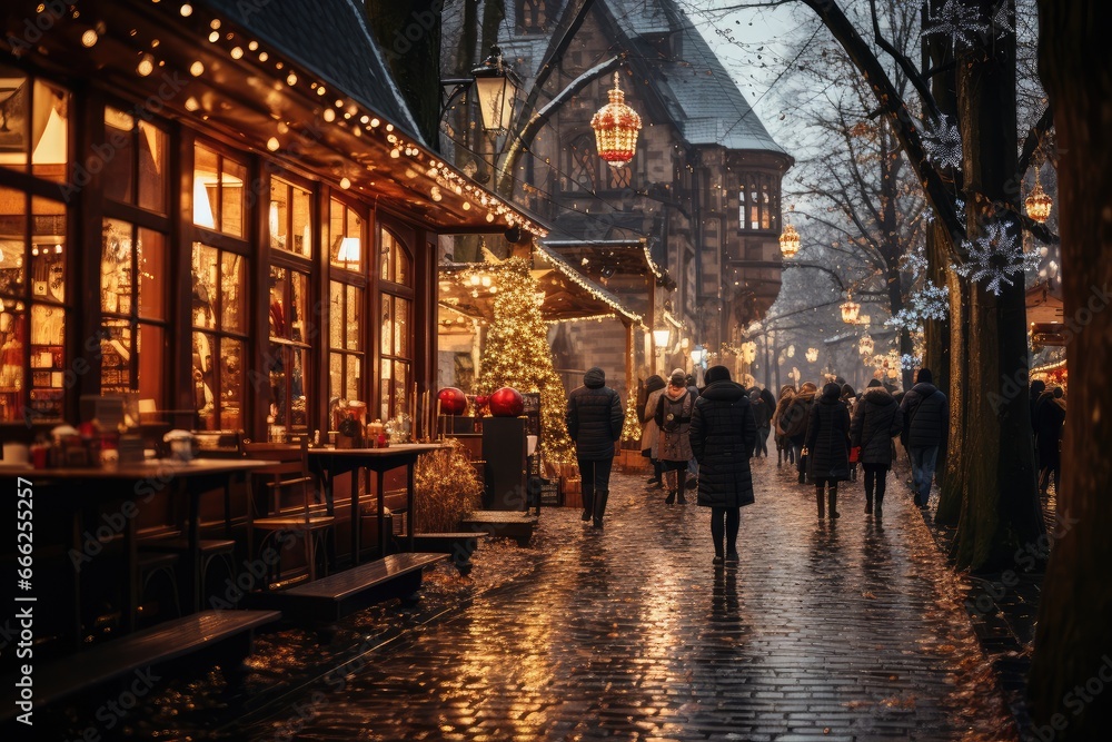 Traditional Christmas market in Germany. Advent Fair Decoration and Stalls with Crafts Items on the Bazaar.