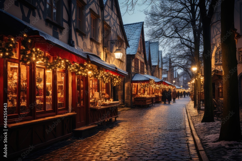 Traditional Christmas market in Germany. Advent Fair Decoration and Stalls with Crafts Items on the Bazaar.