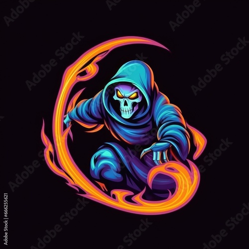 reaper death neon icon logo halloween cute scary bright illustration tattoo isolated vector