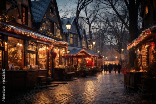 Traditional Christmas market in Germany. Advent Fair Decoration and Stalls with Crafts Items on the Bazaar.