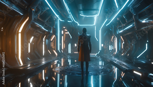 Human figure looking up in vast metallic space corridor with lighting.