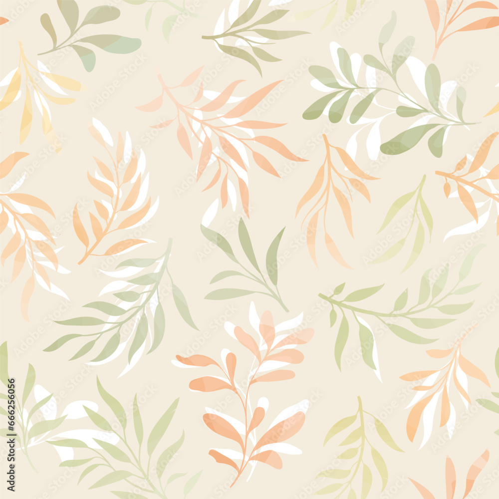 Floral seamless pattern. Branch with leaves gentle autumnal texture. Flourish nature fall garden textured leaves background