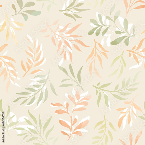 Floral seamless pattern. Branch with leaves gentle autumnal texture. Flourish nature fall garden textured leaves background