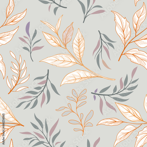 Floral seamless pattern. Branch with leaves gentle autumnal holiday texture. Flourish nature summer garden textured leaves background