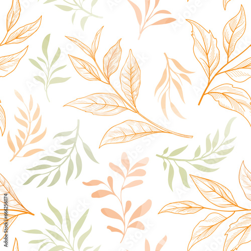 Floral seamless pattern. Branch with leaves gentle autumnal texture. Flourish nature fall garden textured leaves background