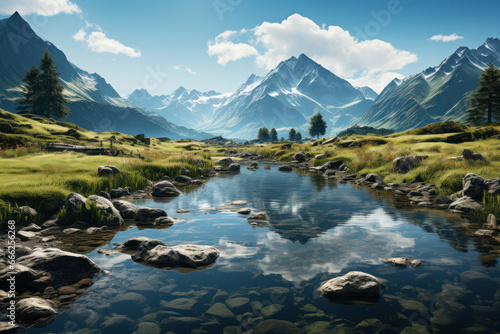 A serene lake reflecting a pristine mountain landscape. Concept of beauty and natural reflection. Generative Ai.