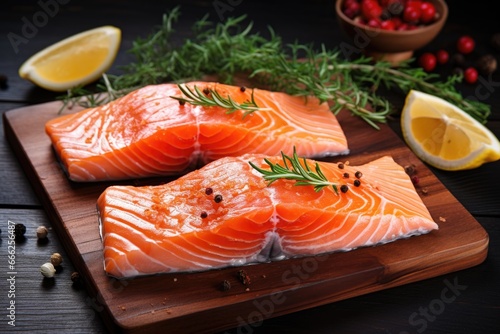 Raw salmon or Delicatessen Steaks cooked on a wooden board, top view