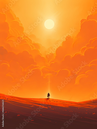 A man walks under the big sun background wallpaper poster PPT