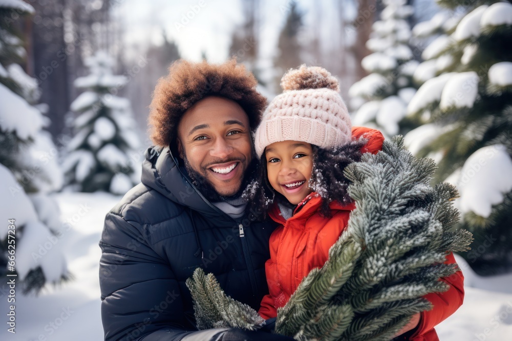 Happy black man and his daughter buying Christmas tree at Christmas market. Close up. Snowy winter weather. Preparing for holidays.