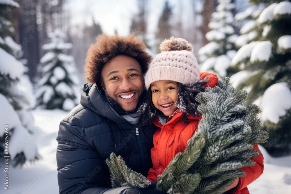 Happy black man and his daughter buying Christmas tree at Christmas market. Close up. Snowy winter weather. Preparing for holidays. Happy black man and his daughter buying Christmas tree at Christmas market. Close up. Snowy winter weather. Preparing for holidays.