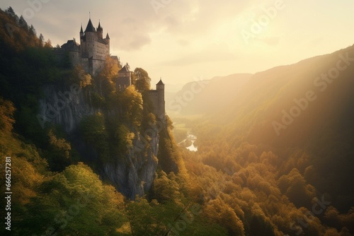 Castle on cliffs overlooking a mountain gorge with forest trees below, god rays in the distance. Generative AI © Thalia