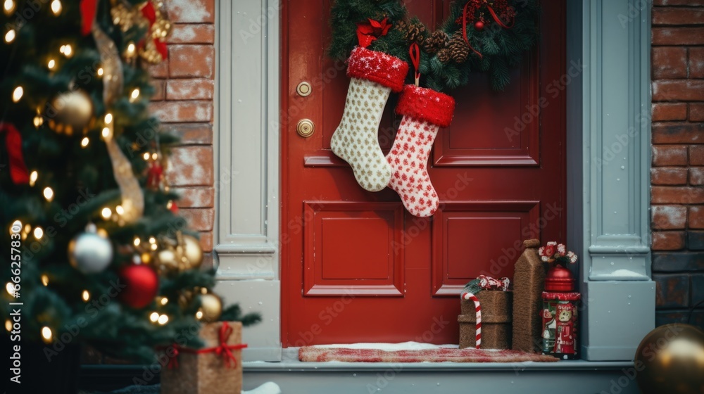 Obraz premium Christmas socks are hanging by the front door