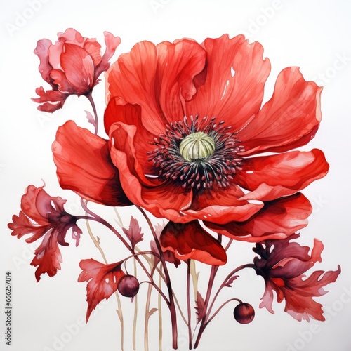 Beautiful red anemone flower on white background, watercolor drawing. Generative AI