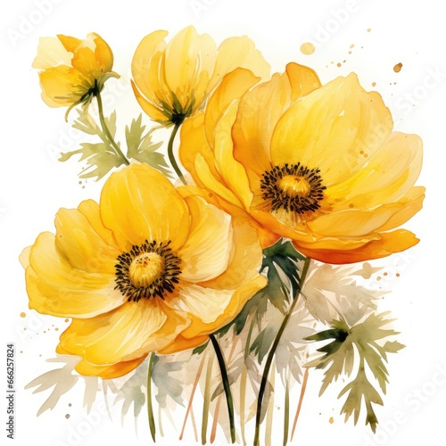 A branch of yellow anemone flowers on a white background  watercolor drawing. Generative AI