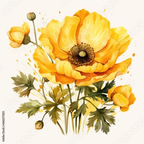 Yellow anemone flower on a white background  watercolor drawing. Generative AI