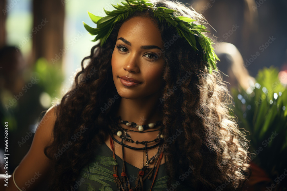 A talented hula dancer sharing the stories of Hawaiian culture through graceful movements. Concept of cultural heritage and dance. Generative Ai. A talented hula dancer sharing the stories of Hawaiian culture through graceful movements. Concept of cultural heritage and dance. Generative Ai.