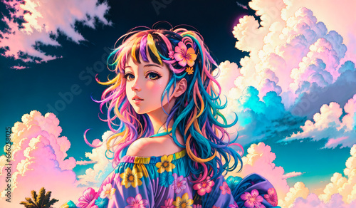 beautiful girl with colorful hair in the sky