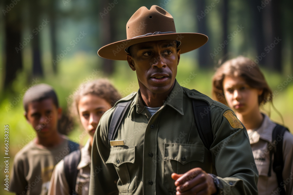 Fototapeta premium A dedicated park ranger guiding a group through a pristine wilderness, sharing knowledge of nature. Concept of environmental education and stewardship. Generative Ai.