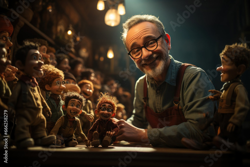 A seasoned puppeteer expertly manipulating marionettes in a captivating puppet show. Concept of puppetry and artistic expression. Generative Ai.