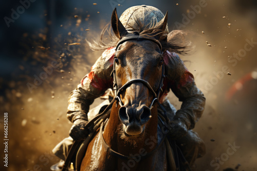 A talented jockey skillfully guiding a powerful racehorse to victory at the racetrack. Concept of horse racing and equestrian skill. Generative Ai. © Sebastian