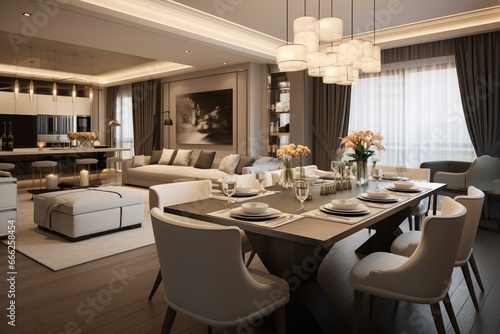 High-quality, inviting dining and living room interior with advanced technology. Generative AI