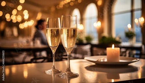 Coupes de champagne pour une occasion festive - Décor élégant et luxueux - Célébration d'un événement - Style de vie chic - Festivité à partager - Couleurs chaleureuses et dorées - Ambiance conviviale photo