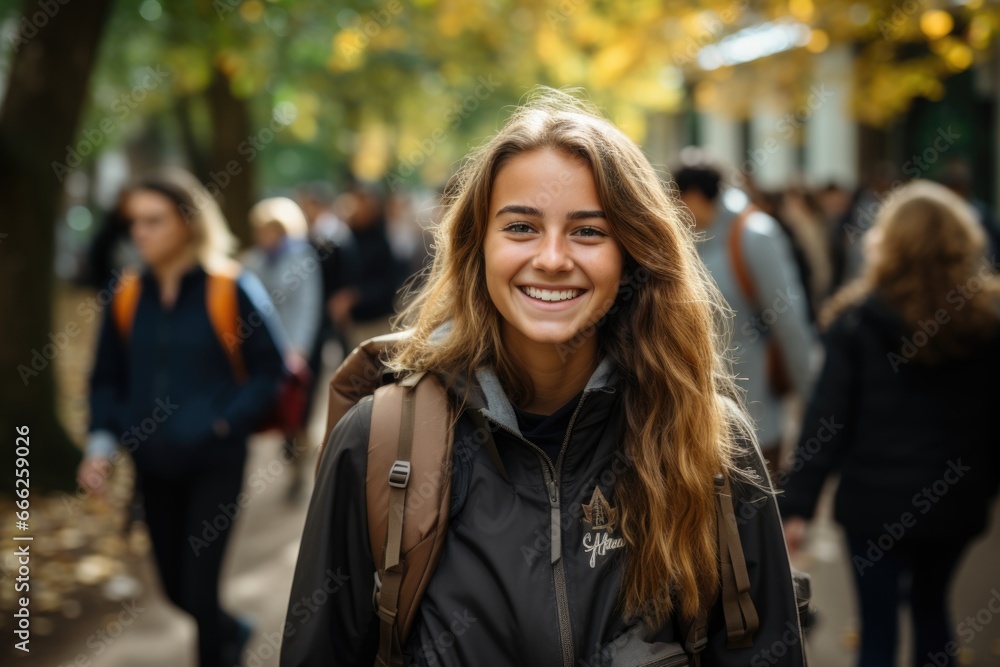 A student girl with a backpack in an autumn park