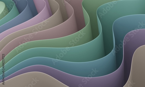 Diagonal abstract geometric wavy folds in various pastel colors. 3d render