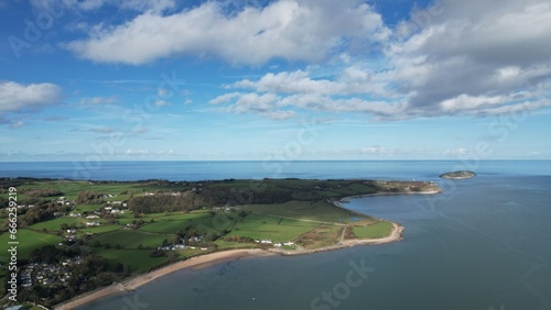 Penmon Point, Aerial view, Anglesey. Wales, UK Irish Sea, lighthouse sunny day.